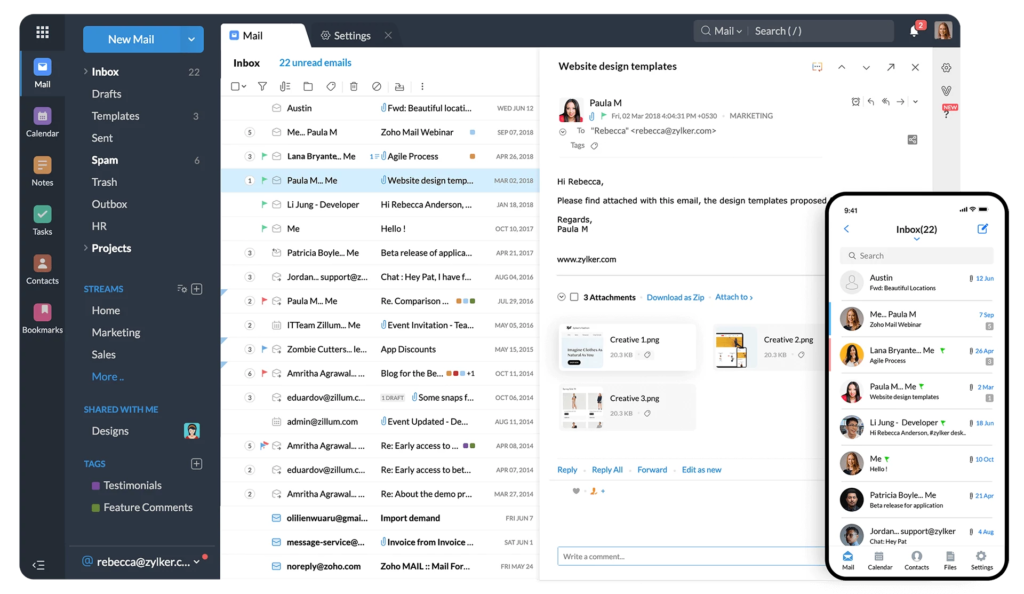Zoho Mail interface showcasing tools and features ideal for an email marketing specialist to manage campaigns efficiently - manhattan
